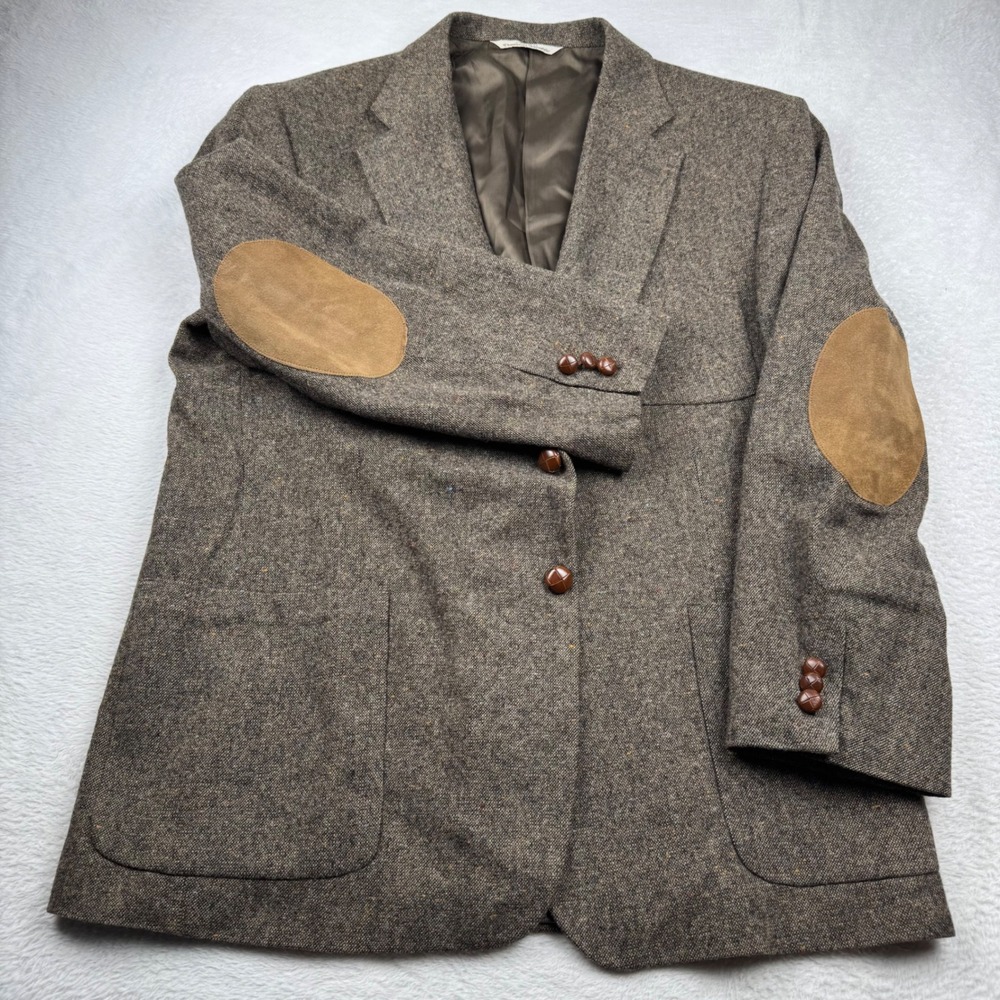 Stafford Blazer Mens 46R Brown Wool Lambswool Tweed Elbow Patches Sport Coat